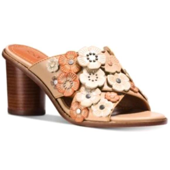 Coach Tea Rose Floral Appliqué Embellished Genuine Leather Heel Sandals Sz 8.5 - Picture 1 of 12